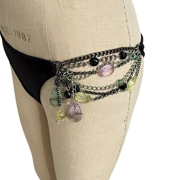 Beach Bunny Black Bikini Set Dangling Pastel Jewels Chain Halter Top L Bottoms M - Picture 4 of 13